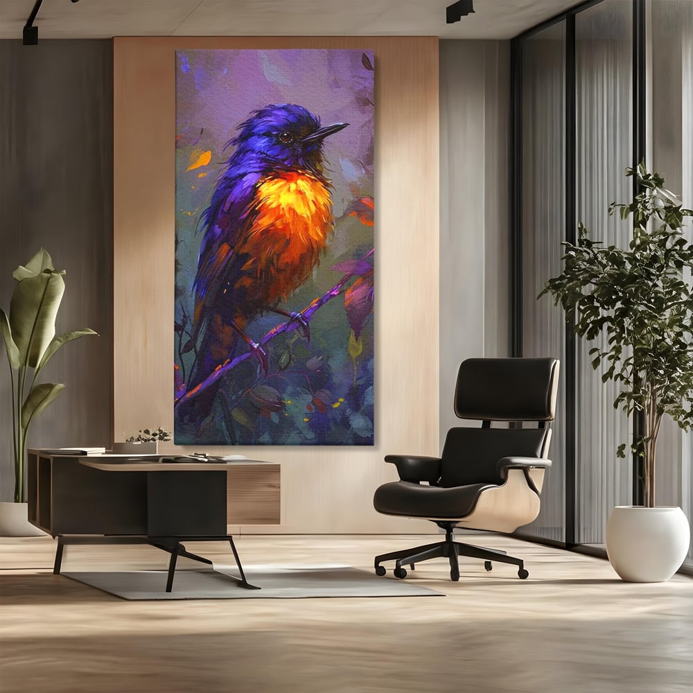 Tablou canvas cu tablou canvas cu pasare colorata pe ramura, fara rama, pe sasiu de lemn, pe perete intr-un birou